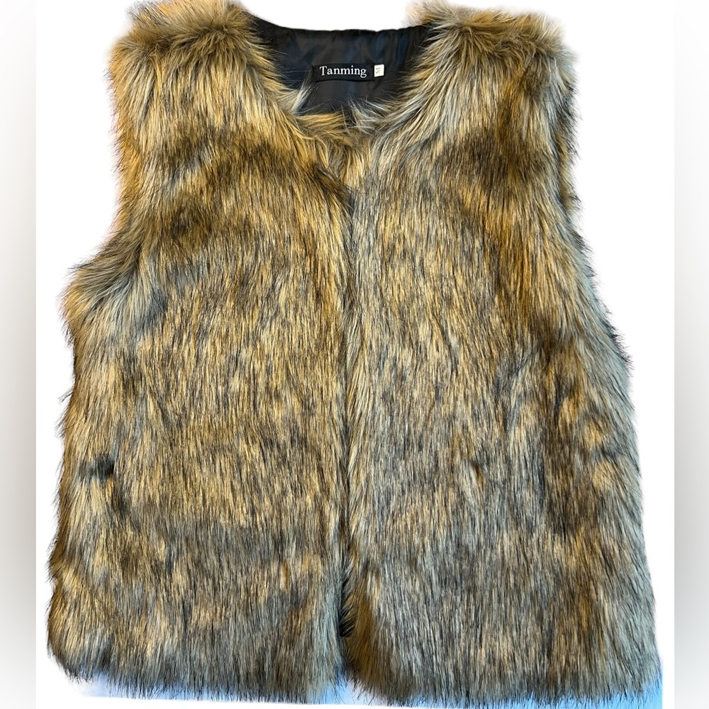 Tanming Faux Fur Vest Sleeveless Fully Lined Hook & Eye Closure Brown Size M